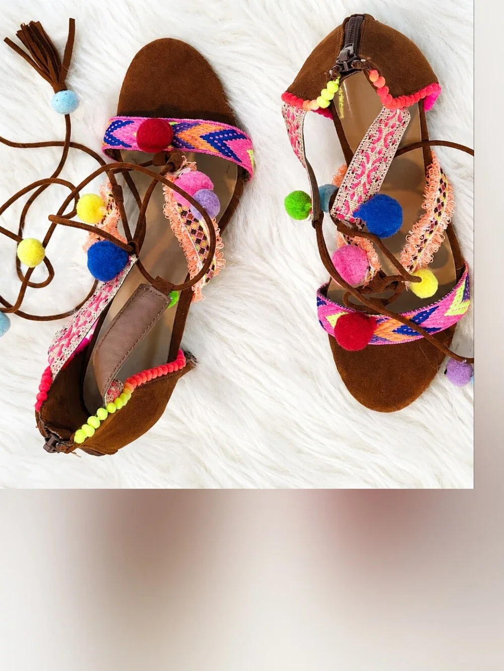 Anne Michele Boho Pom-Pom Lace-Up Sandals - Brown with Multicolor Accents SIZE 9
